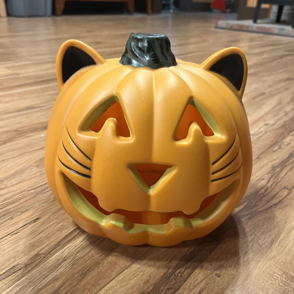 Halloween Orange Cat Blow Mold Jack o Lantern Style Plastic WORKS!